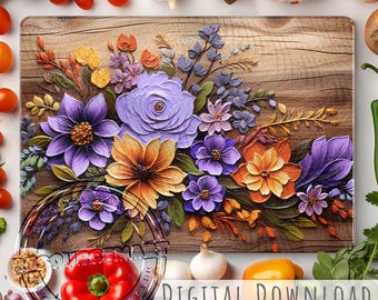 Engraved Flowers on Wood Glass Sublimation Cutting Board Design File, large template png, summer farmhouse kitchen decor, print on demand
