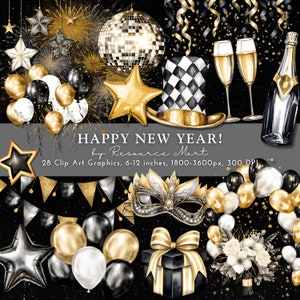 Silvester Clip Art transparente PNG, schwarz-goldene Glitzer Mixed Media Clipart, Einladungskarte machen, Journal Planer Print on Demand