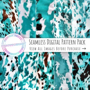 Seamless Turquoise Cowhide Digital Paper, scrapbook pages, cow print fur & leather wallpaper, western cowgirl background, luxury texture set