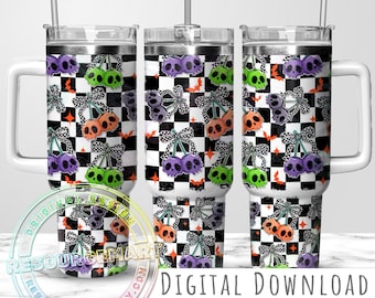 Skull Cherries 40oz Tumbler Wrap Design, Halloween Coquette Cherry Retro Checker Bow grunge checkerboard sublimation 40 ounce stanley cup