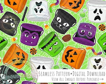 Halloween Trick or Treat Seamless Pattern, spooky horror retro candy pails buckets on green background seamless file digital paper