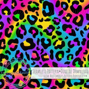 May include: A colourful, seamless digital pattern with a rainbow gradient and black leopard spots. The design includes the text "SEAMLESS PATTERN • DIGITAL DOWNLOAD" and "VIEW ALL IMAGES BEFORE PURCHASE".