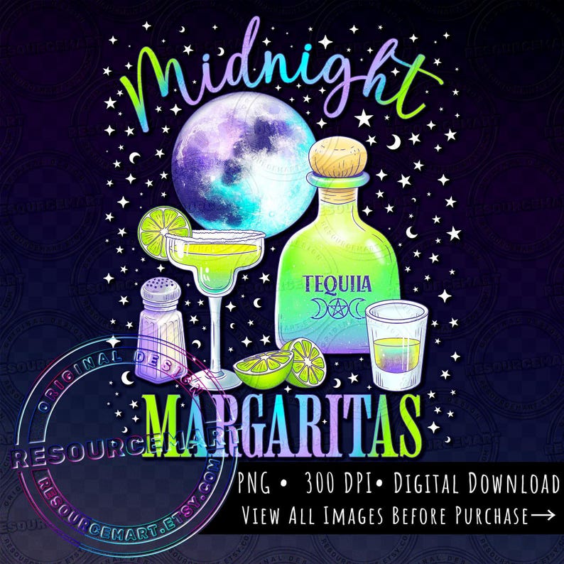 Midnight Margaritas PNG Graphic File, Practical Magic t-shirt sweatshirt design, Halloween spooky season tote bag, witchy glass can design image 1
