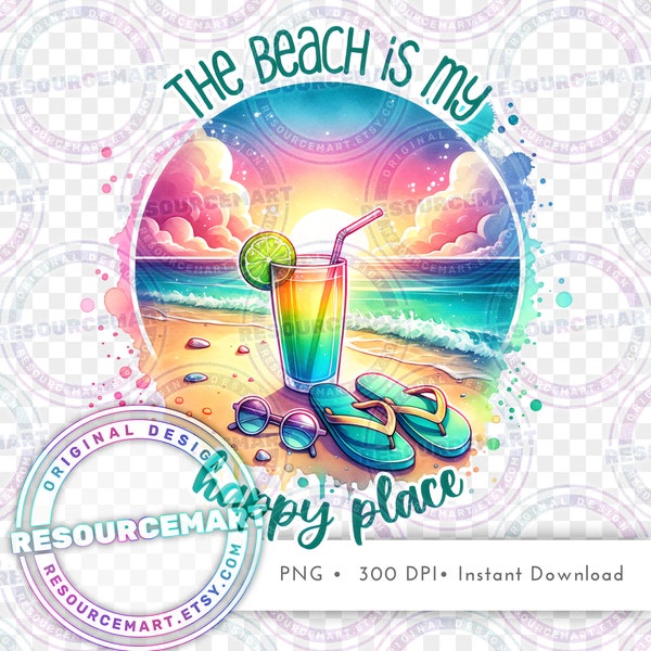 The Beach is My Happy Place PNG Graphic File, summer t-shirt tee design, printable tropical waterslide cup tote bag design, libbey glass can