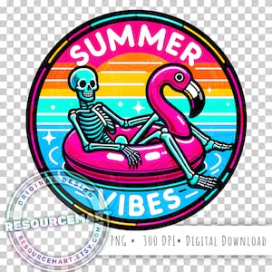 Summer Vibes PNG Grafikdatei, buntes Sommer rosa Flamingo Pool Float T-Shirt Design, diy Strand Einkaufstasche Grafik, Neon lustiges Skelett png