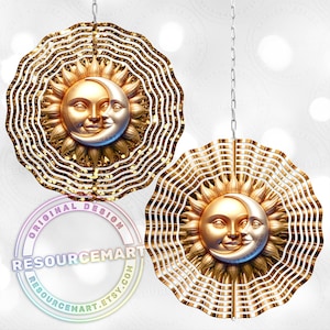 3d Gold Celestial Wind Spinner Sublimation Design, digital download, 10 inch png, sun & moon colorful astrology outdoor garden yard decor