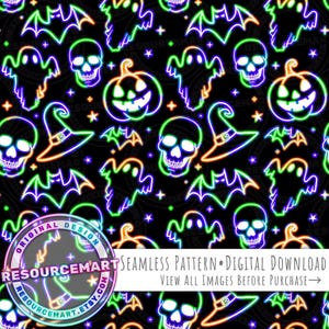 Neon Halloween seamless pattern, sublimation design digital download, neon bats skulls ghost pumpkin witch hat fabric print, tileable print