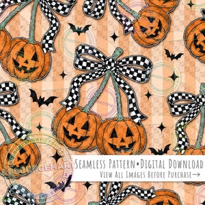 Halloween Pumpkin Cherries seamless pattern design, jack o lantern black white checkered bows sublimation distressed stripe fabric print png
