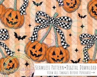 Halloween Pumpkin Cherries seamless pattern design, jack o lantern black white checkered bows sublimation distressed stripe fabric print png