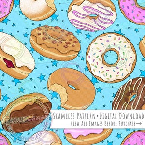 May include: Seamless pattern featuring various donuts with different toppings, including sprinkles, chocolate, and glazed frosting. The donuts are set against a light blue background with scattered blue stars. The words "SEAMLESS PATTERN • DIGITAL DOWNLOAD" are visible.