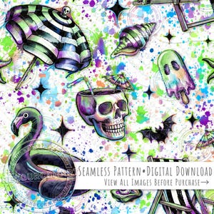 May include: Seamless digital pattern featuring a whimsical summer theme with a spooky twist. Includes a skull cocktail, a flamingo float, a bat, a ghost popsicle, and a beach umbrella. The design is set against a white background with colorful paint splatters.