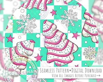 Christmas Tree Cake Seamless Pattern, holiday food seamless file digital paper, pastel sweets on mint green retro checker nostalgic print