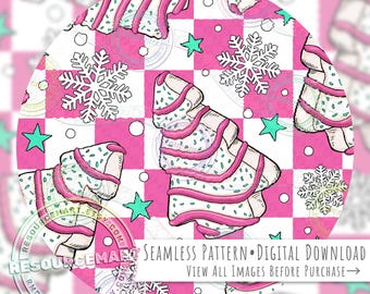 Christmas Tree Cake Seamless Pattern, holiday food seamless file digital paper, pastel sweets on pink retro checker nostalgic print