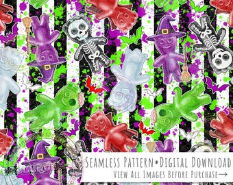 Halloween Sour Candy Kids Seamless Pattern, spooky horror print background seamless file digital paper, witch, vampire, ghost, zombie