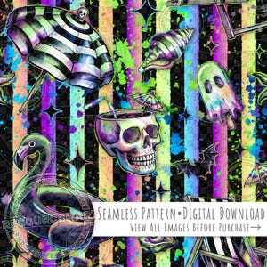 May include: A seamless digital pattern with quirky illustrations. It features a skull-shaped cocktail glass, a flamingo float, a beach umbrella, and a ghost-shaped ice lolly. The background has colourful vertical stripes and the text "SEAMLESS PATTERN • DIGITAL DOWNLOAD".