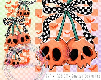 Skull Cherries PNG Design, Orange Halloween Coquette Cherry Retro Checker Bow with Sleeve graphic for sublimation t-shirt tee shirt
