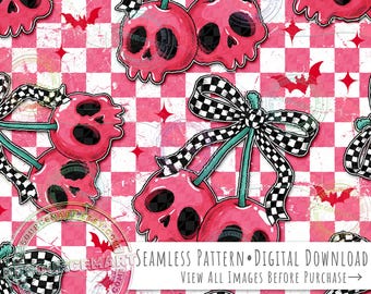 Skull Cherries Seamless Pattern, Halloween Coquette Cherry Retro Checker Bow on grunge checkerboard print seamless file digital paper