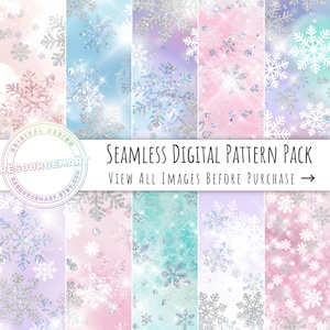Papier numérique d'hiver flocons de neige pastel scintillants, pages de scrapbooking imprimables sans couture, fond irisé scintillant, journal de Noël rose