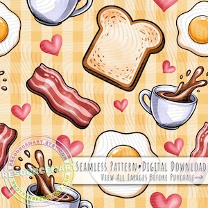 May include: A digital seamless pattern featuring breakfast foods like bacon, toast, fried eggs, and coffee cups, along with pink hearts. The design is set against a light yellow background with vertical stripes.