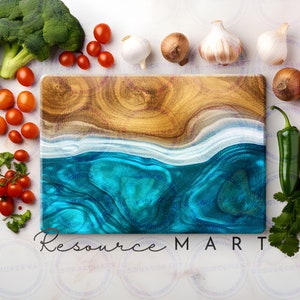 Conception de planche à découper en sublimation en verre bleu océan et bois, grand modèle png, résine époxy bleu sarcelle et grain de bois, impression à la demande fichier à télécharger