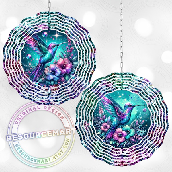 Pair of Sparkly Hummingbird Wind Spinner Sublimation Designs, 10 inch double sided light catching diy colorful floral outdoor garden decor