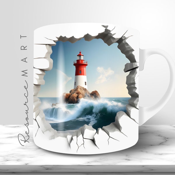 3D Lighthouse Mug Wrap, 11oz 12 oz 15 oz Mug Press Template, hole in a wall coffee mug seamless sublimation design PNG, print on demand