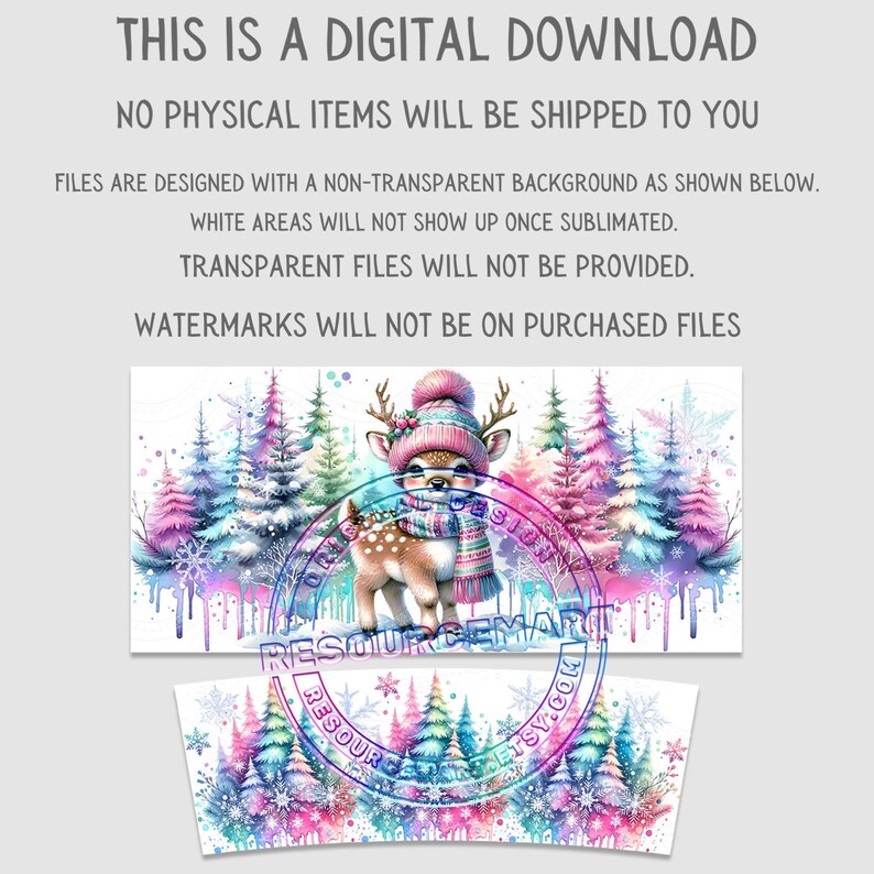 Winter Deer With Pastel Pine Trees & Snowflakes 40oz Tumbler Wrap Sublimation Design, cute baby doe Christmas 40 oz ounce handle stanley cup image 2