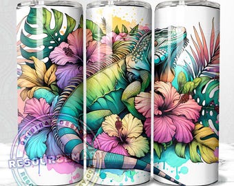 Summer Iguana Tumbler Wrap Design, tropical Hawaiian hibiscus 20oz skinny straight sublimation template press, 20 ounce colorful cup png