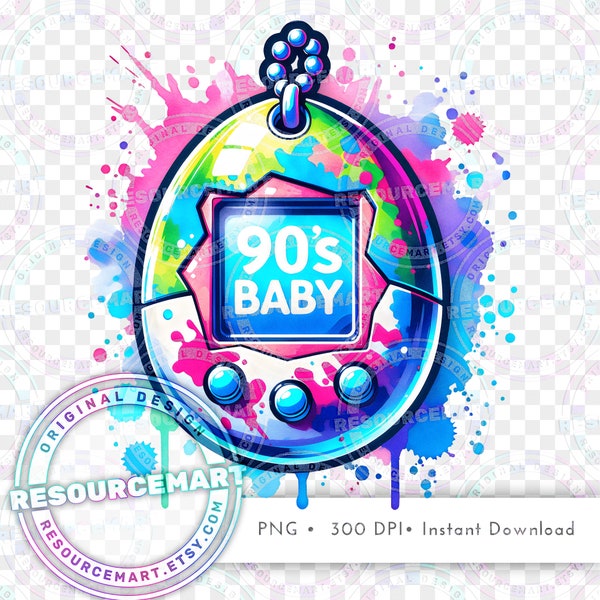 90's Nostalgia PNG Graphic File, retro 90s baby virtual pet t-shirt tee or sweatshirt, sublimation tote bag, printable waterslide glass jar