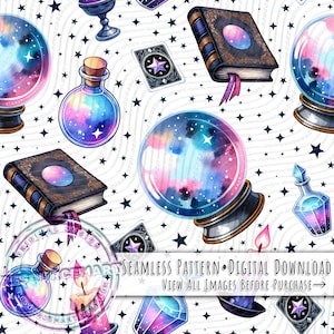Nahtloses Pastell-Magie-Muster, hexenhaftes Sublimationsdesign, Halloween-Digitaldownload, farbenfroher Pastell-Gothic-Stoffdruck, praktische Magie