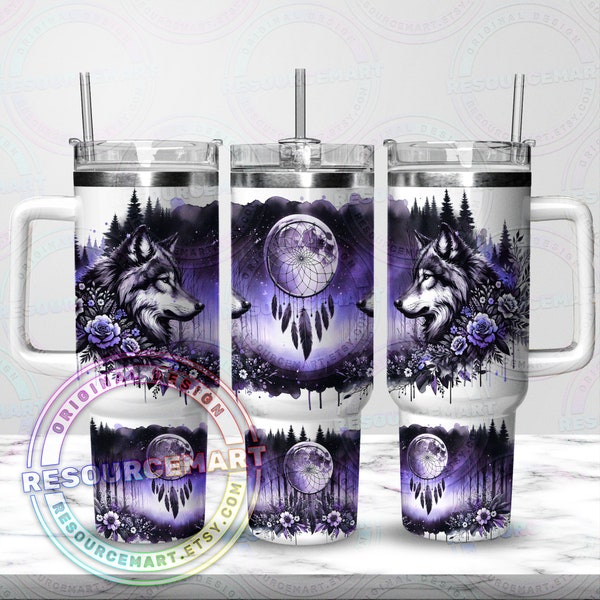 Seamless 40oz Tumbler Wrap Design, 40 ounce stanley quencher handle cup sublimation press, 40 oz grey wolf lavender moon and dreamcatcher