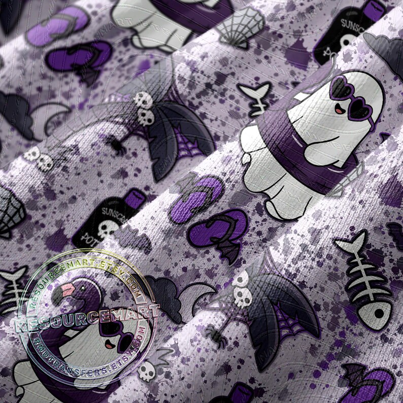 May include: A light purple fabric with a repeating pattern of cartoon ghosts wearing sunglasses, bats, flip-flops, and fish skeletons. The design includes bottles of sunscreen and a flamingo ghost. The fabric has a splatter effect.