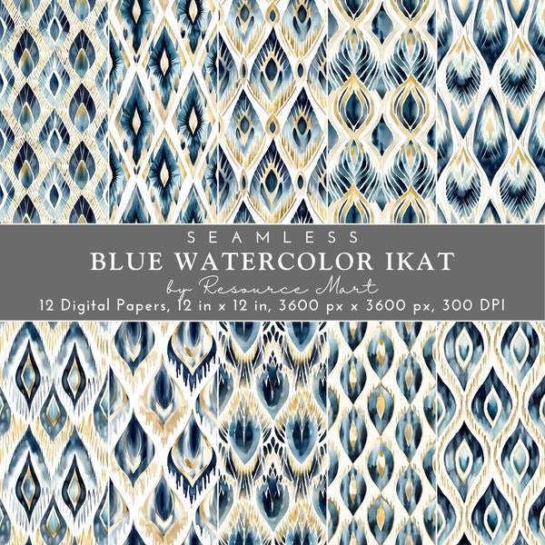 Seamless Blue & Beige Gold Watercolor Ikat Digital Papers, printable scrapbook patterns, tileable tribal fabric design, print on demand