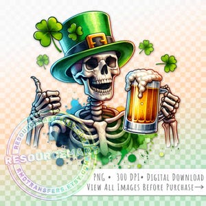 St. Patrick's Skeleton With Beer PNG-grafisch bestand, uniseks vakantie-T-shirt T-shirt voor heren sublimatieontwerp, groen gouden illustraties