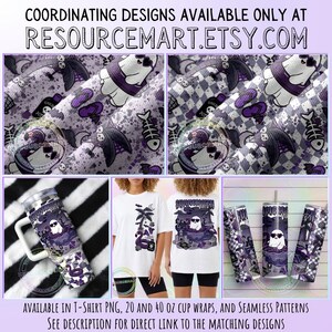 May include: A collection of coordinating designs featuring a cartoon ghost wearing sunglasses. The designs include fabric patterns, a tumbler, and t-shirts. The color scheme is primarily purple, black, and white. Text on the t-shirt reads "Summer Vibes".