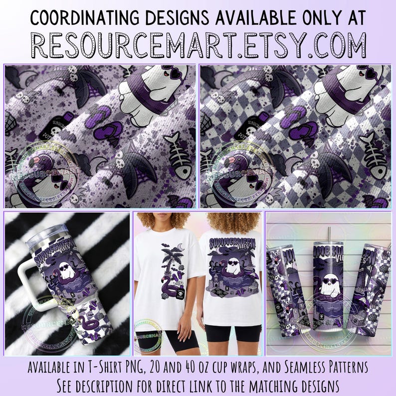 May include: A collection of coordinating designs featuring a cartoon ghost wearing sunglasses. The designs include fabric patterns, a tumbler, and t-shirts. The color scheme is primarily purple, black, and white. Text on the t-shirt reads "Summer Vibes".