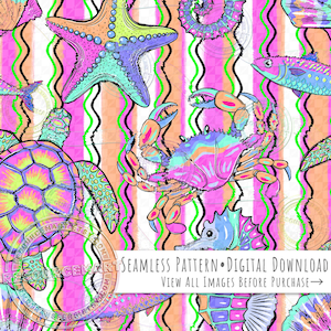 May include: A vibrant seamless pattern featuring marine life such as starfish, crabs, seahorses, and fish. The design incorporates a pink, orange, and white striped background with green and black wavy lines. The text reads "SEAMLESS PATTERN • DIGITAL DOWNLOAD VIEW ALL IMAGES BEFORE PURCHASE".