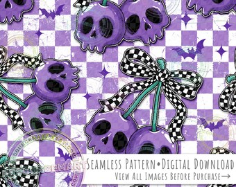 Skull Cherries Seamless Pattern, Purple Halloween Coquette Cherry Retro Checker Bow on grunge checkerboard print seamless file digital paper