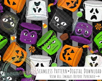 Halloween Trick or Treat Seamless Pattern, spooky horror retro candy pails buckets on stripes print background seamless file digital paper