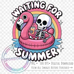 Waiting for Summer PNG Sublimation Design, retro skeleton flamingo floaty t-shirt tee graphic, tropical summer vibes glass can, tote bag