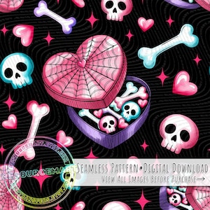 May include: Seamless pattern featuring a repeating design of pink and blue skulls, bones, and hearts on a black background. A heart-shaped box with a spiderweb design contains skulls and bones. The text "SEAMLESS PATTERN • DIGITAL DOWNLOAD" is visible.