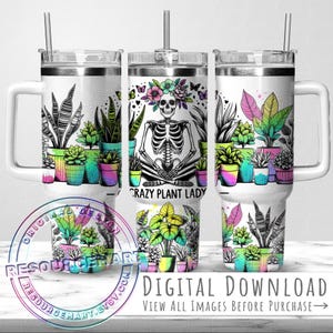 40oz Crazy Plant Lady Tumbler Wrap Design, 40 ounce stanley quencher sublimation template, 40 oz summer neon funny houseplant plant mom png image 1