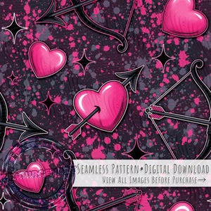 May include: Seamless digital pattern featuring pink hearts, arrows, and bows on a dark background with pink splatter and black star accents. The design includes the text "SEAMLESS PATTERN • DIGITAL DOWNLOAD".