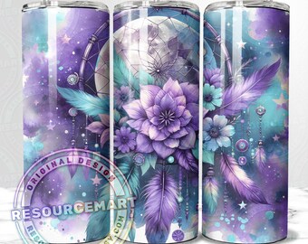 Celestial Dreamcatcher Seamless Tumbler Wrap Design, 20oz skinny straight sublimation template press, 20 ounce floral lavender moon cup png