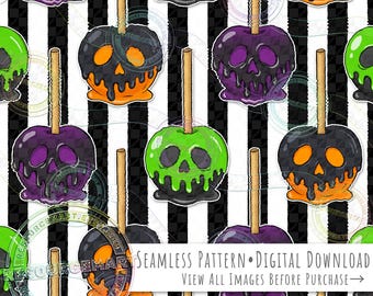 Halloween Candy Apples Seamless Pattern, spooky haunted poison apples on goth stripes background seamless file digital paper
