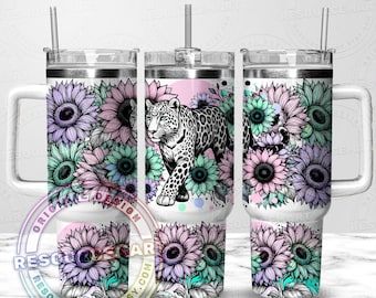 Leopard & Sunflower 40oz Tumbler Wrap Design, 40 ounce stanley cup, stanley quencher sublimation press, 40 oz handle pastel summer line art