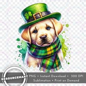 St Patrick's Golden Retriever Puppy PNG Graphic File, Print on Demand, green sublimation t-shirt tee & sweatshirt design, libbey glass can