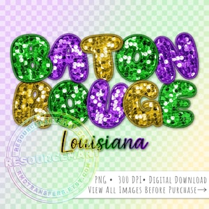 Könnte beinhalten: Ein digitales Design mit den Worten "Baton Rouge" in großen, paillettenbesetzten Buchstaben. Die Buchstaben sind grün, lila und goldfarben, darunter steht "Louisiana". Das Design ist für einen digitalen Download.
