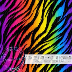 Pode incluir: Um padrão vibrante e sem costura com listras de arco-íris que se assemelham a listras de tigre. O design inclui tons de roxo, rosa, vermelho, laranja, amarelo, verde e azul em um fundo preto texturizado. O texto "SEAMLESS PATTERN • DIGITAL DOWNLOAD" é visível.