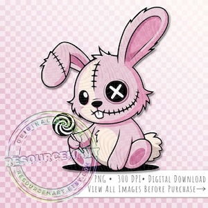 Pode incluir: Um coelho rosa de desenho animado com detalhes costurados e um X para um olho, segurando um pirulito em espiral preto e branco. O coelho tem boca e orelhas costuradas. A imagem inclui o texto "PNG • 300 DPI • DOWNLOAD DIGITAL VEJA TODAS AS IMAGENS ANTES DA COMPRA →".